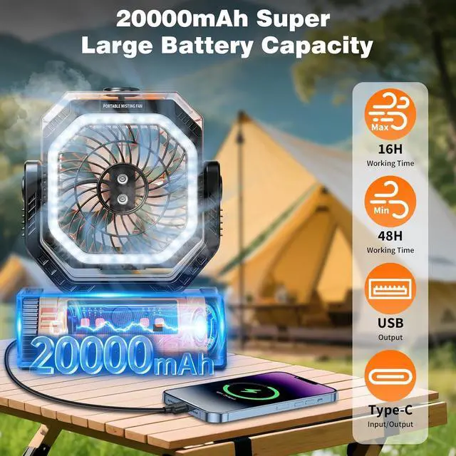 Alt view image 4 of 7 - Lostrain Camping Fan with Mist, Rechargeable Tent Fans 20000mAh Portable USB Desk Oscillating Spray Fan Battery Operated with 4 Speeds, Light, Remote, Timer, Hook for Outdoor Outside Patio Cooling