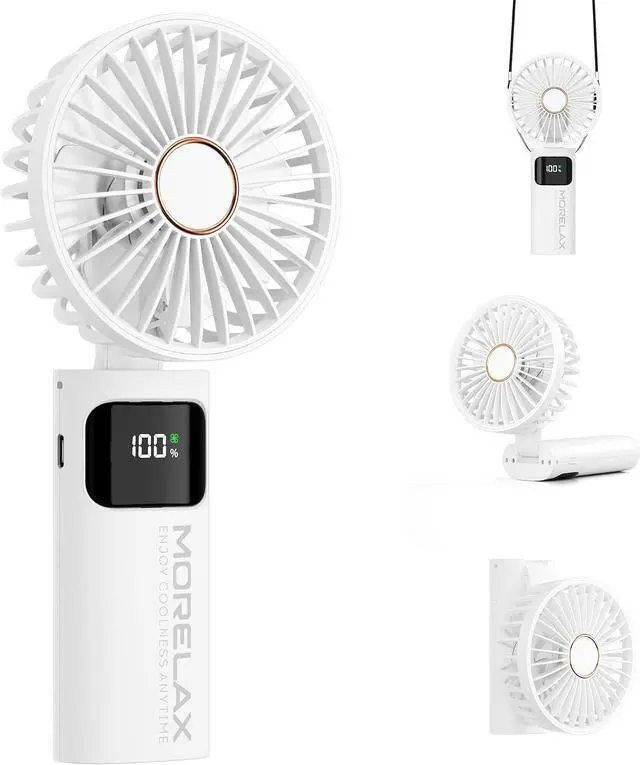 Main image of Portable Handheld Fan, USB Rechargeable Foldable Mini Personal Fan, 5200mAh, 180 Adjustable, 6 Speed Wind, 3 IN 1 Hand Cooling Desk Fan with LED Display for Home Office School Outdoor Travel, White