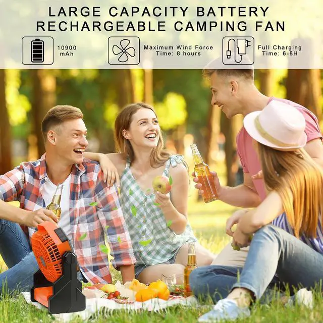 Alt view image 2 of 6 - Camping Fan with LED Lantern, Battery Powered Fan 10900mAh,Portable Fan Rechargeable Outdoor Tent Fan,Stepless Speed and Quiet, Battery Operated Fan for Tent,Picnic, Barbecue, Travel (Orange)