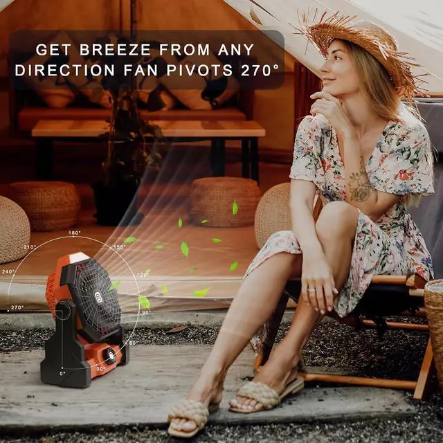 Alt view image 3 of 6 - Camping Fan with LED Lantern, Battery Powered Fan 10900mAh,Portable Fan Rechargeable Outdoor Tent Fan,Stepless Speed and Quiet, Battery Operated Fan for Tent,Picnic, Barbecue, Travel (Orange)