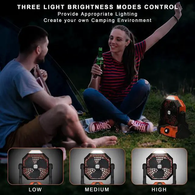 Alt view image 5 of 6 - Camping Fan with LED Lantern, Battery Powered Fan 10900mAh,Portable Fan Rechargeable Outdoor Tent Fan,Stepless Speed and Quiet, Battery Operated Fan for Tent,Picnic, Barbecue, Travel (Orange)