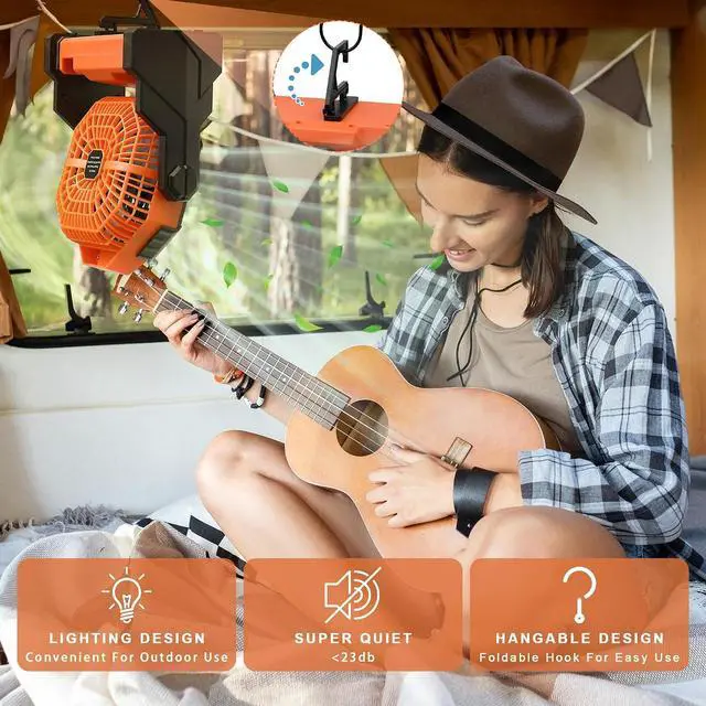 Alt view image 4 of 6 - Camping Fan with LED Lantern, Battery Powered Fan 10900mAh,Portable Fan Rechargeable Outdoor Tent Fan,Stepless Speed and Quiet, Battery Operated Fan for Tent,Picnic, Barbecue, Travel (Orange)