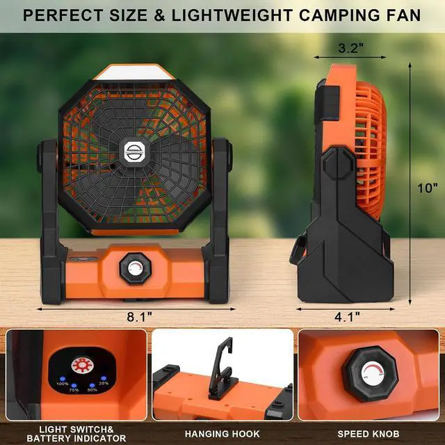Alt view image 6 of 6 - Camping Fan with LED Lantern, Battery Powered Fan 10900mAh,Portable Fan Rechargeable Outdoor Tent Fan,Stepless Speed and Quiet, Battery Operated Fan for Tent,Picnic, Barbecue, Travel (Orange)