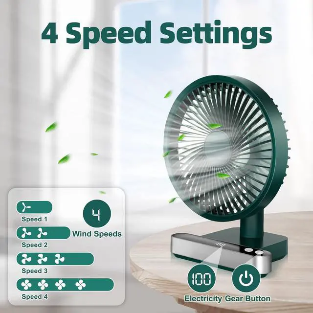 Alt view image 2 of 7 - Oscillating Table Fan 4000mAh - 6.7inch Small Desk Fan Quiet Personal Table Fans Battery Operated or USB Rechargeable Portable Fan 4 Speed with LED Display for Home Office Outdoor Travel (Green)