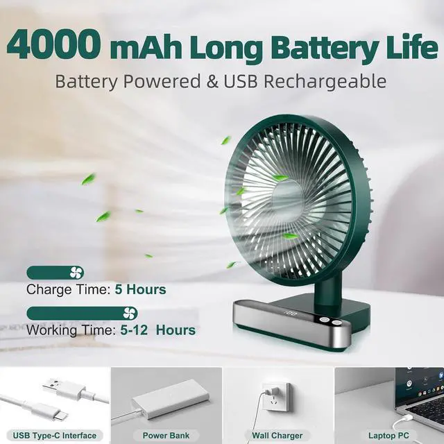 Alt view image 3 of 7 - Oscillating Table Fan 4000mAh - 6.7inch Small Desk Fan Quiet Personal Table Fans Battery Operated or USB Rechargeable Portable Fan 4 Speed with LED Display for Home Office Outdoor Travel (Green)