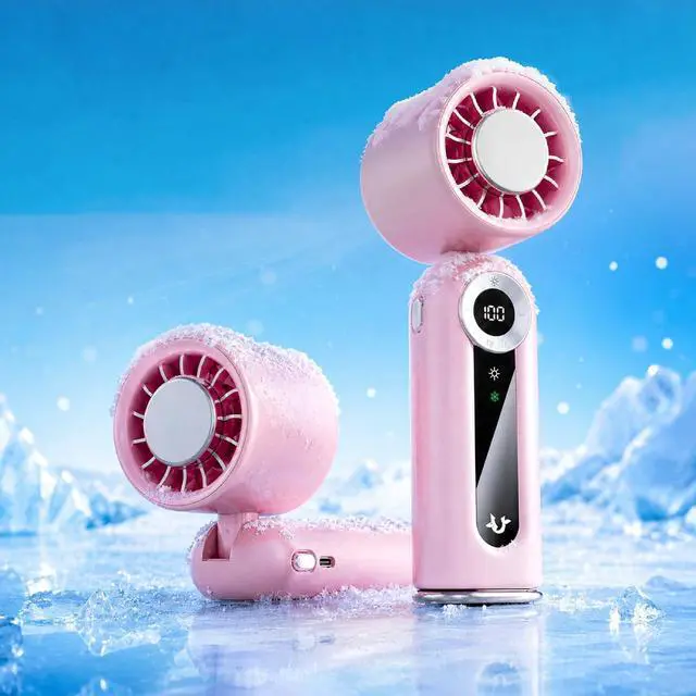 Main image of Portable Fan with 199 Speeds, Cooling Ice Pack & Digital Display, 3-in-1 Handheld/Desk/Neck Fan, Foldable Rechargeable Personal Fan with LED Light & Carabiner for Travel Outdoor (Soft Pink)