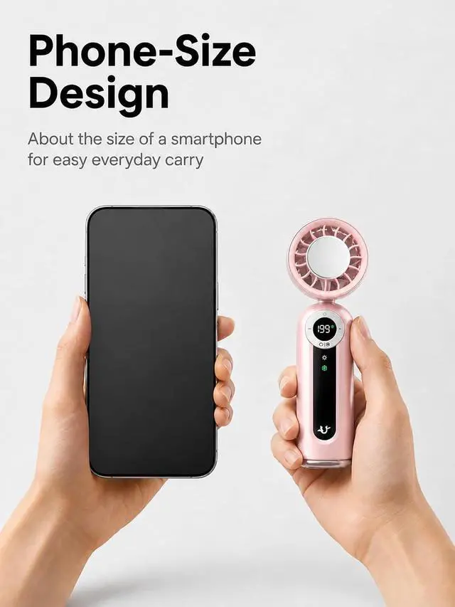 Alt view image 2 of 7 - Portable Fan with 199 Speeds, Cooling Ice Pack & Digital Display, 3-in-1 Handheld/Desk/Neck Fan, Foldable Rechargeable Personal Fan with LED Light & Carabiner for Travel Outdoor (Soft Pink)