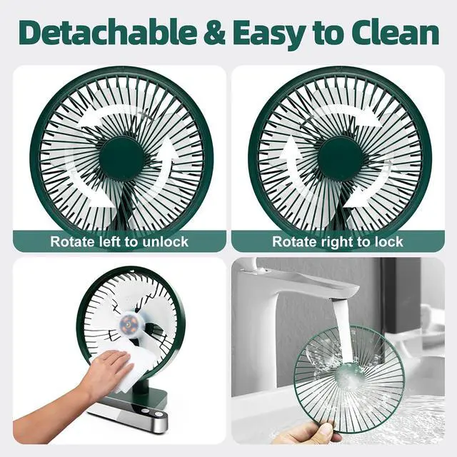 Alt view image 7 of 7 - Oscillating Table Fan 4000mAh - 6.7inch Small Desk Fan Quiet Personal Table Fans Battery Operated or USB Rechargeable Portable Fan 4 Speed with LED Display for Home Office Outdoor Travel (Green)
