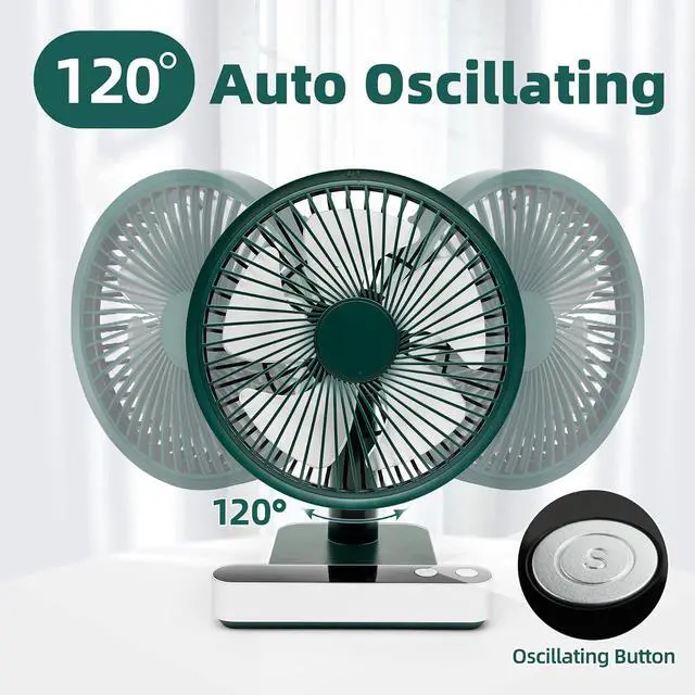 Alt view image 4 of 7 - Oscillating Table Fan 4000mAh - 6.7inch Small Desk Fan Quiet Personal Table Fans Battery Operated or USB Rechargeable Portable Fan 4 Speed with LED Display for Home Office Outdoor Travel (Green)