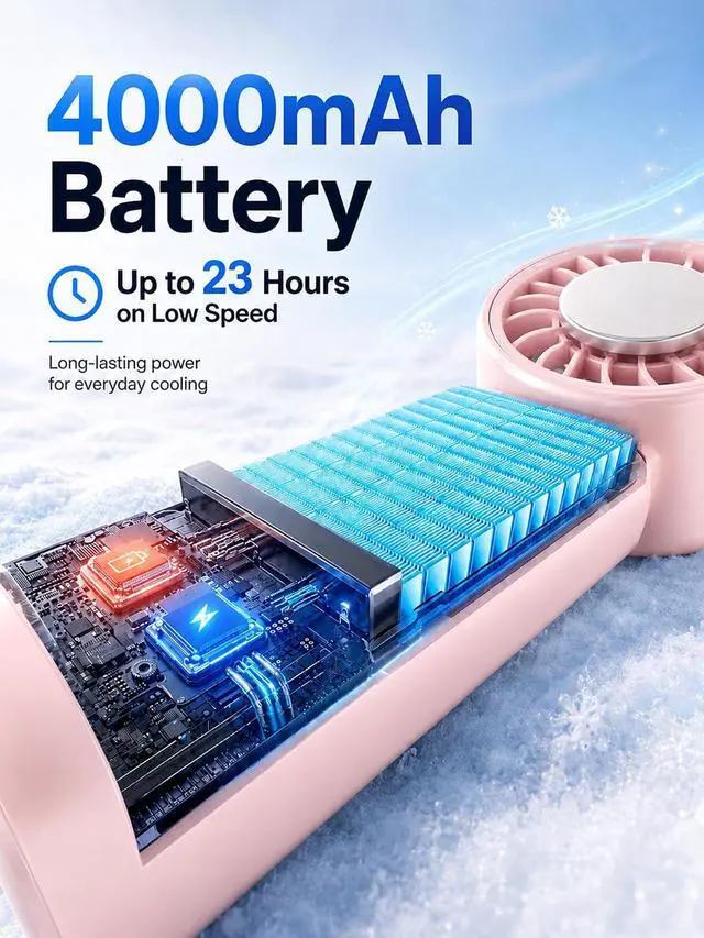 Alt view image 3 of 7 - Portable Fan with 199 Speeds, Cooling Ice Pack & Digital Display, 3-in-1 Handheld/Desk/Neck Fan, Foldable Rechargeable Personal Fan with LED Light & Carabiner for Travel Outdoor (Soft Pink)