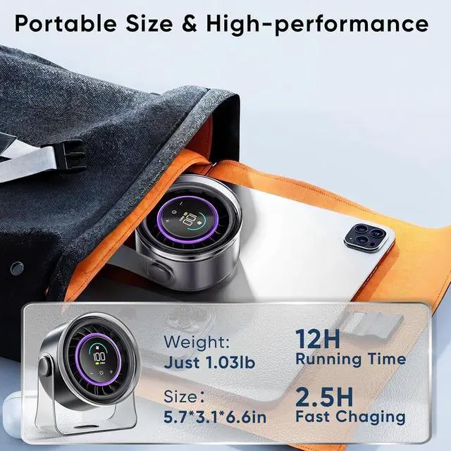 Alt view image 7 of 7 - FRONTSUN Portable Desk Fan,Quiet Fan for Bedroom,Portable Fan withTurbo Airflow,Fans with 100 Speeds Digital Display, 360° Tilt,Rechargeable Battery Powered Fan,Small Fan for Home, Office, Kitchen