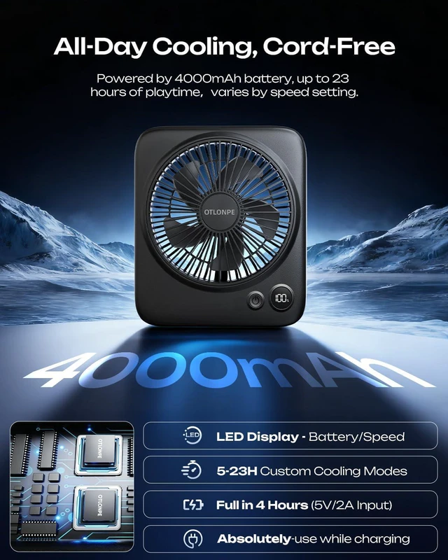 Alt view image 3 of 7 - Otlonpe 2 Pack Portable Desk Fan 6.5 Inch, 4000mAh Rechargeable Battery Operated & USB Powered, 23Hrs Cordless Small Personal Fan 4-Speed Quiet for Office Travel Home Sleeping, Led Display, Foldable