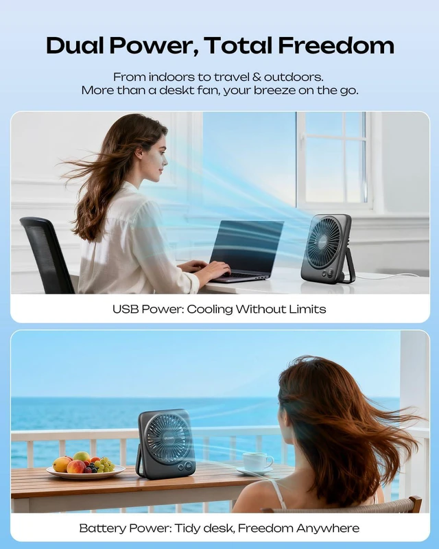 Alt view image 2 of 7 - Otlonpe 2 Pack Portable Desk Fan 6.5 Inch, 4000mAh Rechargeable Battery Operated & USB Powered, 22Hrs Cordless Small Personal Fan 4-Speed Quiet for Office Travel Home Sleeping, Led Display, Foldable