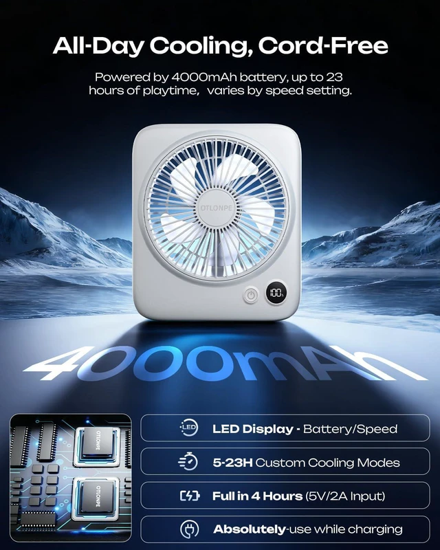 Alt view image 3 of 7 - Otlonpe 2 Pack Portable Desk Fan 6.5 Inch, 4000mAh Rechargeable Battery Operated & USB Powered, 22Hrs Cordless Small Personal Fan 4-Speed Quiet for Office Travel Home Sleeping, Led Display, Foldable