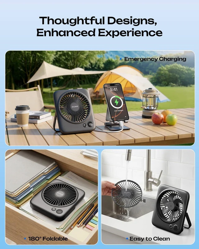 Alt view image 6 of 7 - Otlonpe 2 Pack Portable Desk Fan 6.5 Inch, 4000mAh Rechargeable Battery Operated & USB Powered, 22Hrs Cordless Small Personal Fan 4-Speed Quiet for Office Travel Home Sleeping, Led Display, Foldable