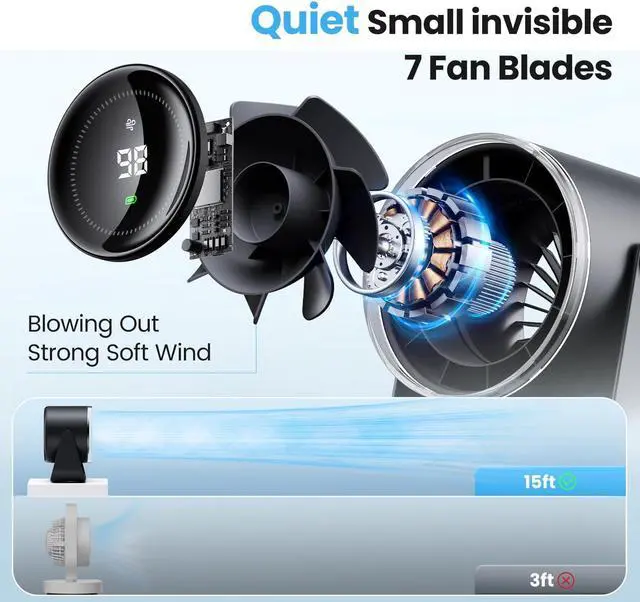 Alt view image 3 of 6 - WSKEN Desk Fan with Battery Operated, Quiet Digital Display Portable Fan for Office, Bedroom, Kitchen, Home, Outdoor, 100 Speeds 115° Tilt Small Travel Camping Table Fan, Black