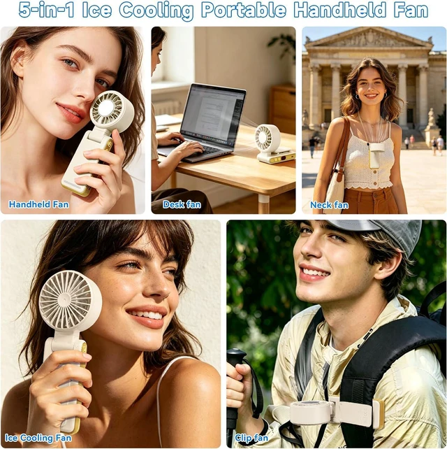 Alt view image 5 of 7 - Portable Handheld Fan, New Foldable Mini USB Fan with Clip, High Speed Cooling Fan with Digital Display, Rechargeable Small Fan for Outdoor Travel Office Home (Khaki)