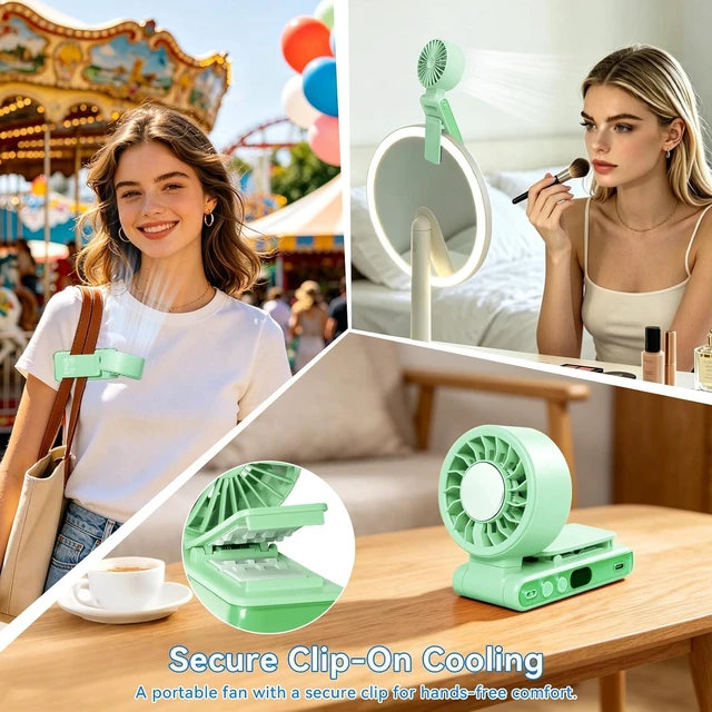 Alt view image 4 of 7 - Portable Handheld Fan, New Foldable Mini USB Fan with Clip, High Speed Cooling Fan with Digital Display, Rechargeable Small Fan for Outdoor Travel Office Home (Green)