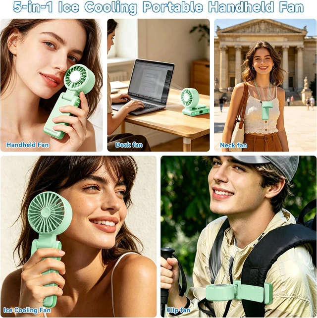 Alt view image 5 of 7 - Portable Handheld Fan, New Foldable Mini USB Fan with Clip, High Speed Cooling Fan with Digital Display, Rechargeable Small Fan for Outdoor Travel Office Home (Green)
