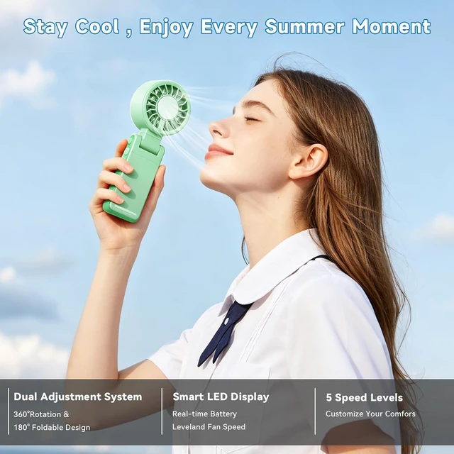 Alt view image 6 of 7 - Portable Handheld Fan, New Foldable Mini USB Fan with Clip, High Speed Cooling Fan with Digital Display, Rechargeable Small Fan for Outdoor Travel Office Home (Green)