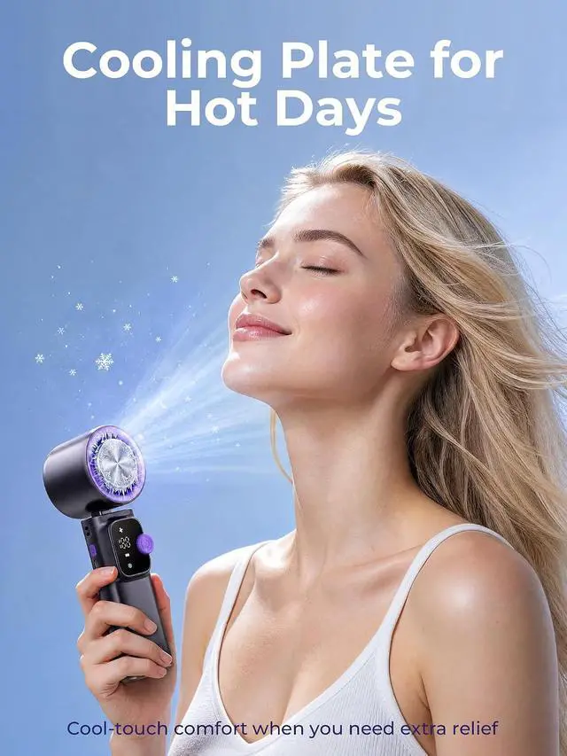 Alt view image 2 of 7 - Portable Handheld Turbo Fan With Semiconductor Cooling 60.8°F, 15000RPM Personal Turbo Fans Rechargeable, 1-199 Speeds, 4000mAh Travel Desk Neck Fan, LED Display (Grey Purple)