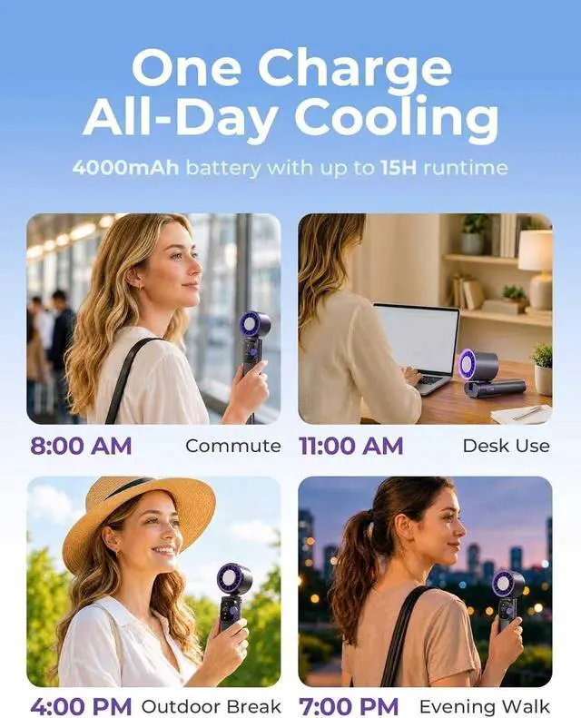 Alt view image 5 of 7 - Portable Handheld Turbo Fan With Semiconductor Cooling 60.8°F, 15000RPM Personal Turbo Fans Rechargeable, 1-199 Speeds, 4000mAh Travel Desk Neck Fan, LED Display (Grey Purple)