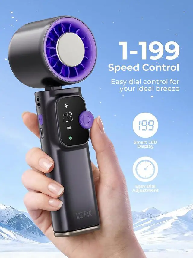 Alt view image 7 of 7 - Portable Handheld Turbo Fan With Semiconductor Cooling 60.8°F, 15000RPM Personal Turbo Fans Rechargeable, 1-199 Speeds, 4000mAh Travel Desk Neck Fan, LED Display (Grey Purple)
