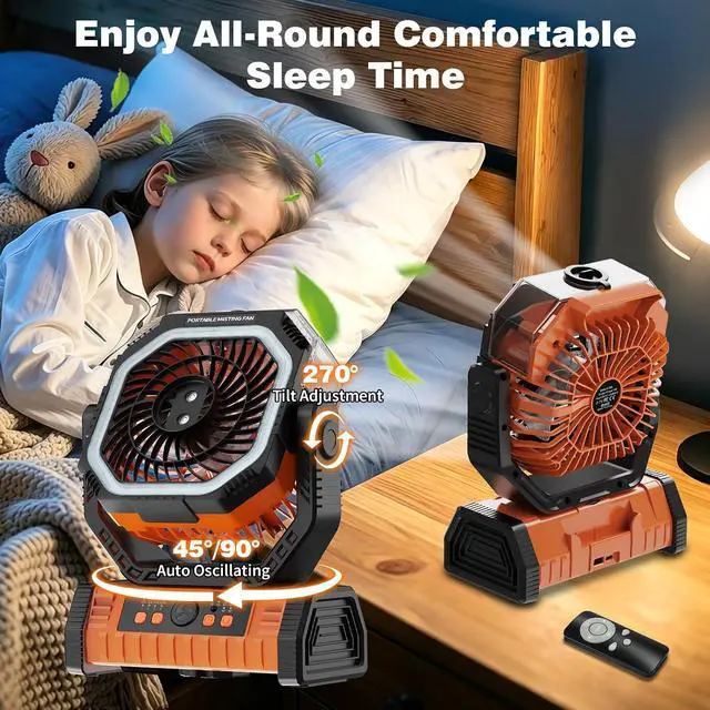 Alt view image 5 of 7 - Lostrain Camping Fan with Mist, Rechargeable Tent Fans 20000mAh Portable USB Desk Oscillating Spray Fan Battery Operated with 4 Speeds, Light, Remote, Timer, Hook for Outdoor Outside Patio Cooling