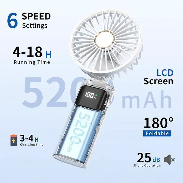 Alt view image 2 of 7 - Portable Handheld Fan, USB Rechargeable Foldable Mini Personal Fan, 5200mAh, 180 Adjustable, 6 Speed Wind, 3 IN 1 Hand Cooling Desk Fan with LED Display for Home Office School Outdoor Travel, White