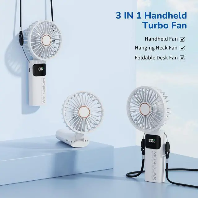 Alt view image 4 of 7 - Portable Handheld Fan, USB Rechargeable Foldable Mini Personal Fan, 5200mAh, 180 Adjustable, 6 Speed Wind, 3 IN 1 Hand Cooling Desk Fan with LED Display for Home Office School Outdoor Travel, White