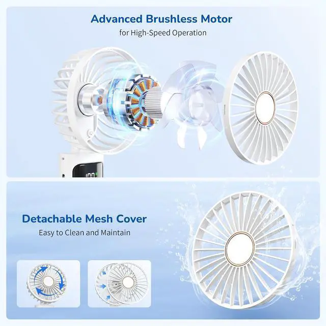 Alt view image 3 of 7 - Portable Handheld Fan, USB Rechargeable Foldable Mini Personal Fan, 5200mAh, 180 Adjustable, 6 Speed Wind, 3 IN 1 Hand Cooling Desk Fan with LED Display for Home Office School Outdoor Travel, White