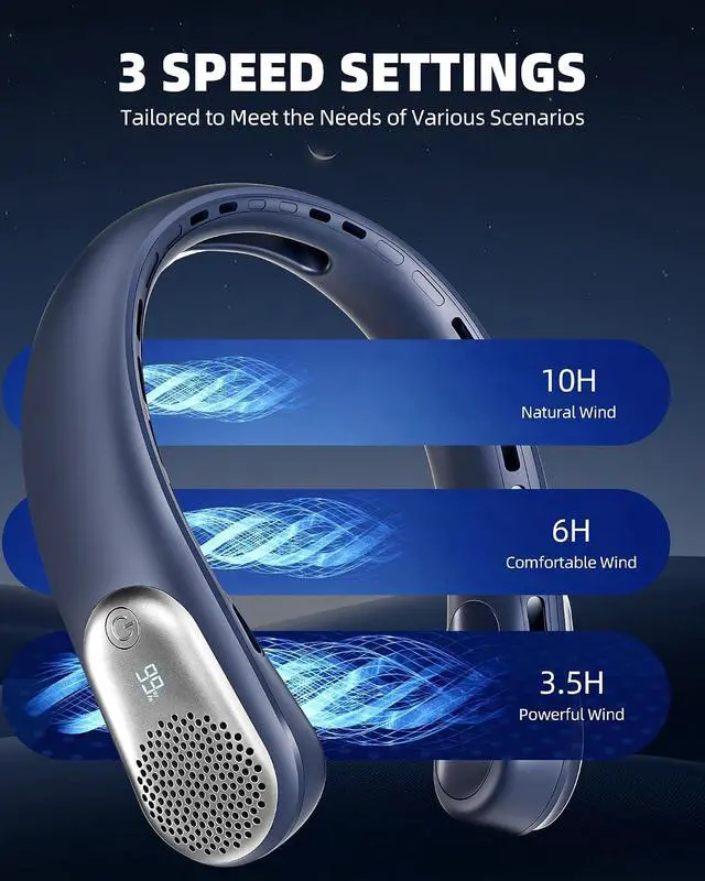 Alt view image 4 of 7 - Neck Fan, LED Display USB Rechargeable Portable Fan,360° Cooling Bladeless Personal Fan, 4000 mAh 3 Speeds Adjustable Wearable Fan for Travel, Home, Office, Men, Women