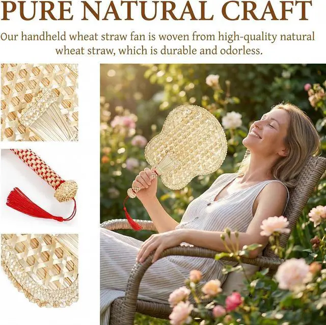Alt view image 3 of 7 - Goaste 2 Pack Hand Woven Wheat Straw Fan, Rustic Chinese Manual Fan for Summer Cooling, Wedding Palm, Home & DIY Decoration, Elderly Travel Supplies, Personal Gift