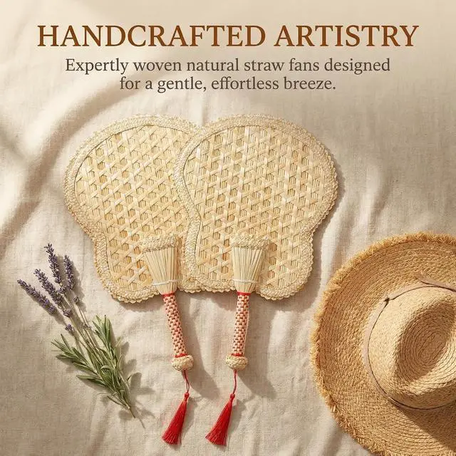Alt view image 6 of 7 - Goaste 2 Pack Hand Woven Wheat Straw Fan, Rustic Chinese Manual Fan for Summer Cooling, Wedding Palm, Home & DIY Decoration, Elderly Travel Supplies, Personal Gift