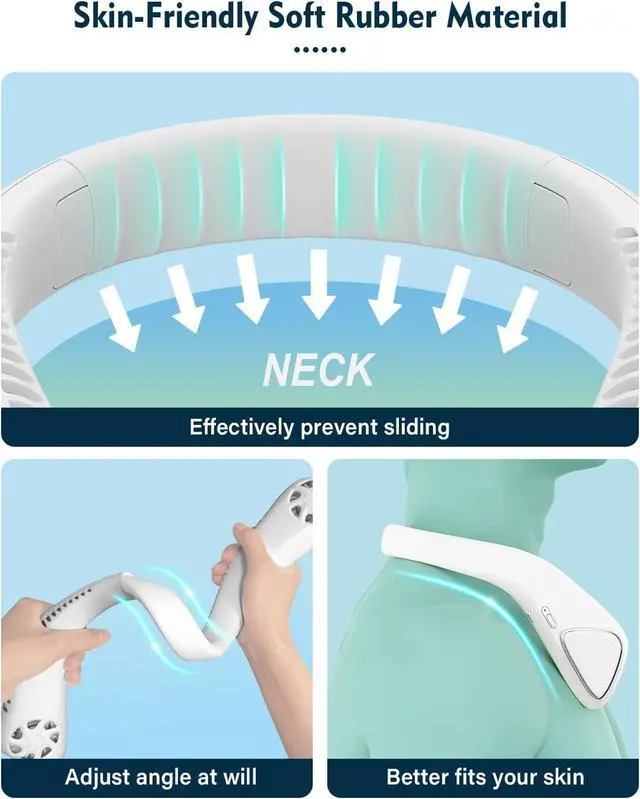 Alt view image 2 of 7 - Bladeless Neck Fans, Portable Neck Fan Rechargeable 5000 mAh, USB-C Powered with 3 Speeds, Personal Fans Round Neck Great For Women Men Kids Home Office Travel Sports Outdoor(White)