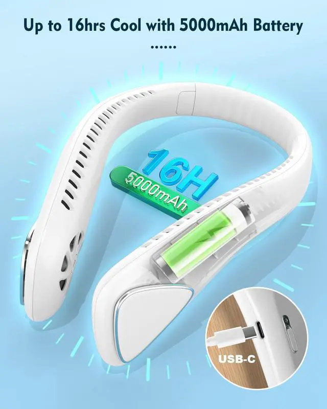 Alt view image 5 of 7 - Bladeless Neck Fans, Portable Neck Fan Rechargeable 5000 mAh, USB-C Powered with 3 Speeds, Personal Fans Round Neck Great For Women Men Kids Home Office Travel Sports Outdoor(White)