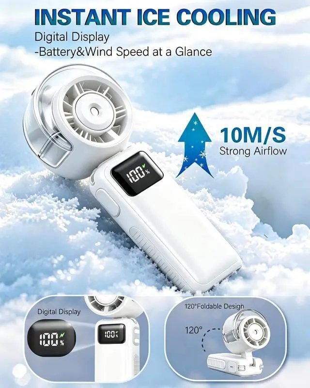 Alt view image 2 of 7 - Portable Handheld Misting Fan Foldable, 6000mAh USB Rechargeable Personal Turbo Cooling Fan,5 Speed Mini Water Spray Fan,3 in 1 Hand/Desk/Neck Mist Fans for Home Outdoor Travel Beach Camping (White)