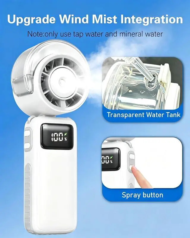 Alt view image 3 of 7 - Portable Handheld Misting Fan Foldable, 6000mAh USB Rechargeable Personal Turbo Cooling Fan,5 Speed Mini Water Spray Fan,3 in 1 Hand/Desk/Neck Mist Fans for Home Outdoor Travel Beach Camping (White)