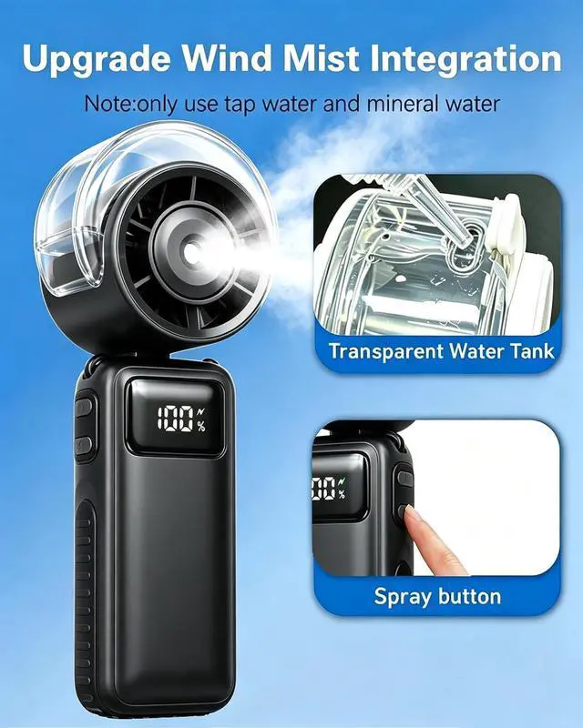 Alt view image 4 of 7 - Portable Handheld Misting Fan,6000mAh Rechargeable Cooling Mist Fan,5 Speed Foldable Water Spray Mini Turbo Fan,3 in 1 Hand/Desk/Neck USB Personal Fans for Outdoor Travel Beach Camping Daily Use-Black