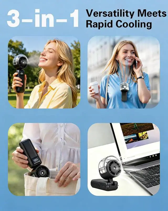 Alt view image 5 of 7 - Portable Handheld Misting Fan,6000mAh Rechargeable Cooling Mist Fan,5 Speed Foldable Water Spray Mini Turbo Fan,3 in 1 Hand/Desk/Neck USB Personal Fans for Outdoor Travel Beach Camping Daily Use-Black