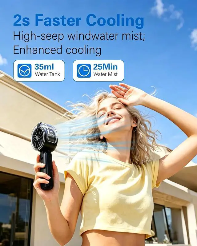 Alt view image 7 of 7 - Portable Handheld Misting Fan,6000mAh Rechargeable Cooling Mist Fan,5 Speed Foldable Water Spray Mini Turbo Fan,3 in 1 Hand/Desk/Neck USB Personal Fans for Outdoor Travel Beach Camping Daily Use-Black