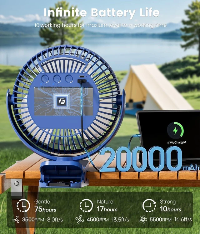 Alt view image 2 of 7 - Korbot 8-inch Clip on Fan -20000mAh Portable Fan Battery Rechargeable with 3 Speeds and Strong Airflow, USB Fan Small Desk Fan Personal Quiet Fan for Office Stroller Bedroom and Camping.