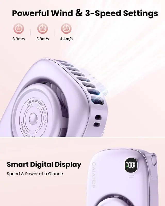 Alt view image 2 of 6 - Gaiatop Mini Neck Fan, Rechargeable Handheld Desk Use, LED Power Display 3 Speed 360°Rotate Mirror for Lash Makeup, Cute Camera Design Small Portable USB Fans Personal Cooling Travel Essentials