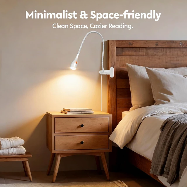 Alt view image 2 of 7 - acegoo Minimalist Reading Light for Bed Headboard Dimmable White Book Light Clip on Lamp with USB-C Adapter, Flexible Neck & Handy Lamp Head Switch, CRI 90+