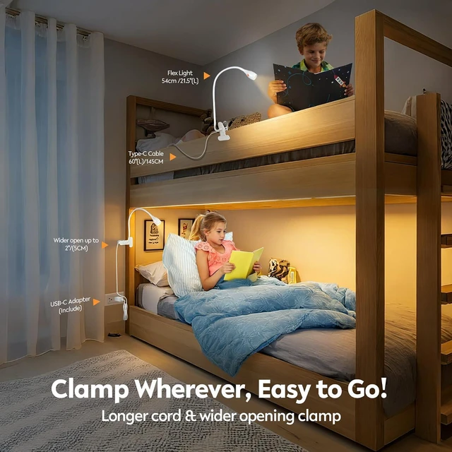 Alt view image 6 of 7 - acegoo Minimalist Reading Light for Bed Headboard Dimmable White Book Light Clip on Lamp with USB-C Adapter, Flexible Neck & Handy Lamp Head Switch, CRI 90+