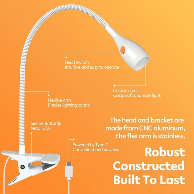 Alt view image 7 of 7 - acegoo Minimalist Reading Light for Bed Headboard Dimmable White Book Light Clip on Lamp with USB-C Adapter, Flexible Neck & Handy Lamp Head Switch, CRI 90+