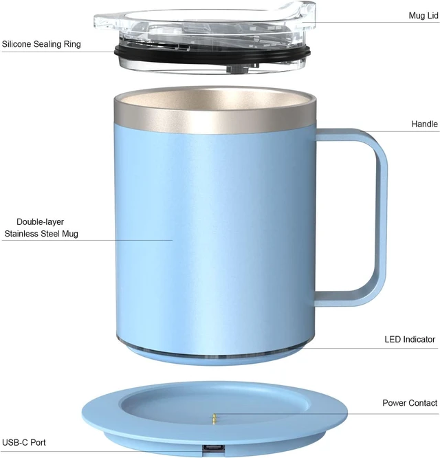 Alt view image 4 of 7 - Self Heating Mug 131°F Temperature Control, Smart Heated Coffee Cup with Auto Shut Off, USB Powered Warmer for Desk Office Home(Cerulean-12oz)