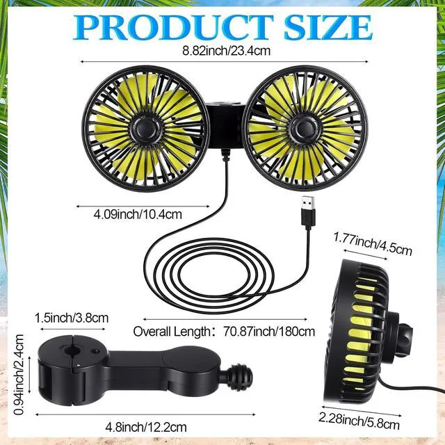 Alt view image 2 of 6 - Tujoe 2 Pcs Dual Head Car Fan 12v Low Noise Car Seat Rear Seat 360 Degree Rotatable Portable Cooling Fan for Vehicles, SUV, RV, Boat(USB Style)