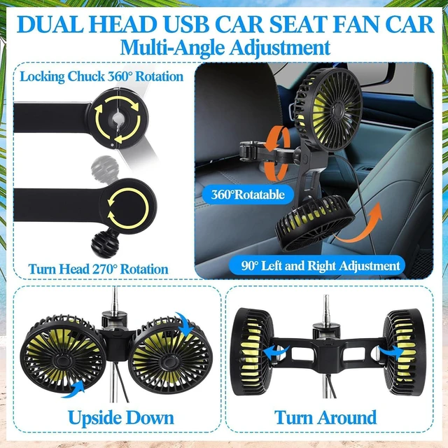 Alt view image 4 of 6 - Tujoe 2 Pcs Dual Head Car Fan 12v Low Noise Car Seat Rear Seat 360 Degree Rotatable Portable Cooling Fan for Vehicles, SUV, RV, Boat(USB Style)