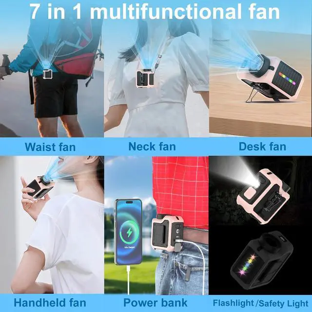 Alt view image 2 of 7 - 7-in-1 Multi-Use Portable Waist Clip Turbo Fan,Personal Wearable Rechargeable Powerful Cooling Fan,10000mAh,24H Lasting,LED Display, Flashlight,Neck Handheld Outdoor Fans,Gifts for Men Women (Pink)